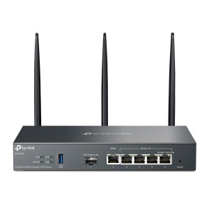 "Omada AX3000 Wi-Fi 6 Gigabit VPN Router PORT: 1× Gigabit SFP WAN/LAN Port, 1× Gigabit RJ45 WAN Port, 4× Gigabit WAN/LAN RJ45 Ports, 1× USB 3.0 SPEED: 574Mbps at 2.4 GHz + 2402 Mbps at 5 GHz (HE160) FEATURE: Integration with Omada SDN Controller, Support
