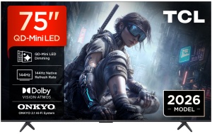 Televizor TCL QD-MiniLED 75T8D, 189 cm, Smart Google TV, 4K Ultra HD, 144Hz, Onkyo (Model 2026)