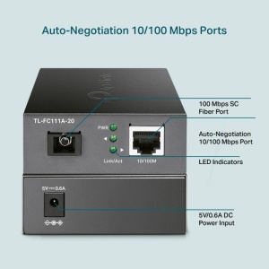 "10/100 Mbps RJ45 to 100 Mbps Single-mode SC WDM Bi-Directional Fiber Converter PORT: 1× 100Mbps SC Port, 1× 10/100M RJ45 Port (Auto MDI/MDIX) SPEC: Full-duplex, Tx:1550 nm, Rx:1310 nm, Up to 20 km, Chassis TL-FC1420 rack-mountable" - Img 7