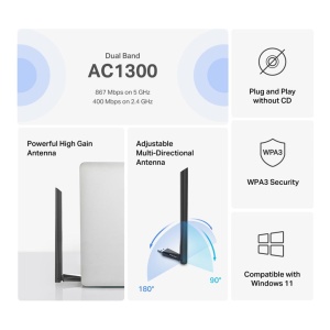 Adaptor Mercusys USB Dual Band High Gain AC1300, Standarde Wireless: IEEE 802.11 a/n/ac 5 GHz, IEEE 802.11 b/g/n 2.4 GH, Rata semnal: 5 GHz 867 Mbps, 2.4 GHz 400 Mbps, Interfata: USB 2.0, 1 antenă externă High Gain 5dBi. - Img 3