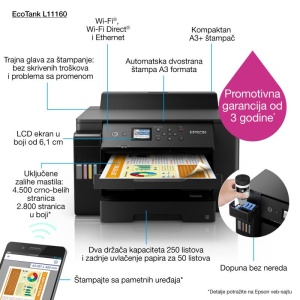 Imprimanta inkjet color CISS Epson L11160, dimensiune A3+, viteza max 32ppm alb-negru, 32ppm color, rezolutie printer 4800 x 1200 dpi, alimentare hartie 550 coli, imprimare fara margini, duplex, interfata: USB, Ethernet, WiFi, Wi-Fi Direct, consumabile: - Img 4