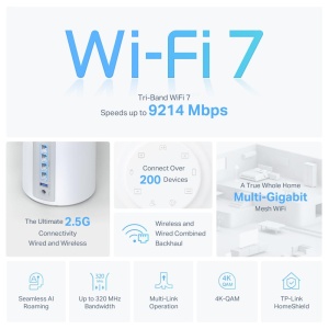 TP-LINK DECO BE65(2-PACK) Sistem Mesh WI-FI 7, BE9300, TRI-BAND, Standarde wireless: IEEE 802.11be/ax 6 GHz, IEEE 802.11be/ax/ac/n/a 5 GHz, IEEE 802.11ax/n/b/g 2.4 GHz, Viteze wireless: BE9300 6 GHz: 5760 Mbps (802.11be), 5 GHz: 2880 Mbps (802.11be), 2.4 - Img 5