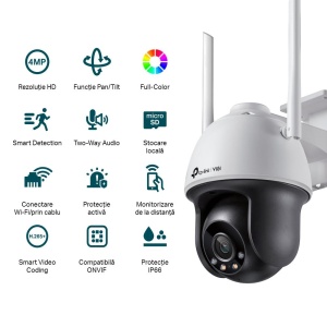 TP-LINK VIGI 4MP Outdoor PAN/TILT WI-FI Camera,VIGI C540-W(4mm),Senzor: 1/3", Lentila: 4mm, F1.6, Weatherproof: IP66, IR: 30m, Shutter speed: 1/3 to 1/10000 s, Unghi vizualizare: Orizontal: 79°, Vertical: 43°, Diagonal: 93°, Zoom digital, Rezolutie max: - Img 2