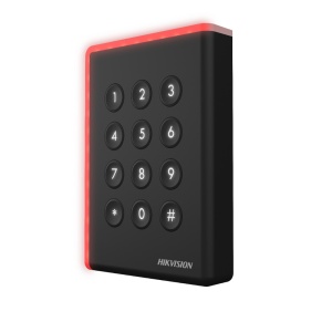 Cititor card cu tastatura Hikvision DS-K1108AEK, citeste carduri EM 125 KHz, distanta citire: ≤ 50 mm, comunicare: RS-485, Wiegand (W26, W34) protocol si OSDP protocol, indicator LED de stare si alimentare, tamper, buzzer, alimentare: 12 VDC, IP65,