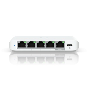 Ubiquiti USW-Flex-2.5G-5, 5 porturi RJ45 1/2.5 GbE, capacitate 25 Gbps, 1 adaptor de alimentare AC, 5V DC, 1A, 1 PoE (PairA 1, 2+; 3, 6-)(PairB 4, 5+; 7, 8-), dimensiuni 117.1 x 90 x 21.2 mm (4.6 x 3.5 x 0.8")