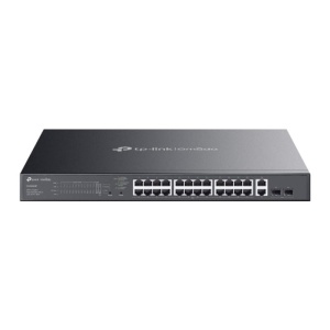 Omada 28-Port Gigabit Easy Managed Switch with 24-Port PoE+ PORT: 24× Gigabit PoE+ Ports, 2x Gigabit Non-PoE Ports, 2× Gigabit SFP Ports SPEC: 802.3at/af, 384W PoE Power, 1U 19-inch Rack-mountable Steel Case FEATURE: Integration with Omada SDN Controller