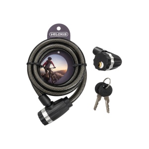 Antifurt VELOXIS VX0081, 12 mm × 1,5 m, model negru cu protecție și închidere cu cheie, pentru fixarea bicicletei la rastel sau punct fix