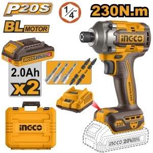 Masina insurubat cu impact INGCO CIRLI2023E, 20 V, 230 Nm maxim, brushless, hexagon 1/4 inch, 2 acumulatori 2 Ah, incarcator, biti si valiza