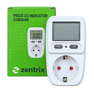 Priză cu indicator de consum ZX0025, pentru afișarea puterii, tensiunii, consumului în kWh și a costului energiei la aparate conectate