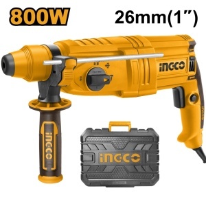 Ciocan rotopercutor INGCO RGH9028, SDS Plus, 800 W, 2,5 J, gaurire beton 26 mm, 3 functii, cu 3 burghie, 2 dalti si cutie pentru gaurire si daltuire