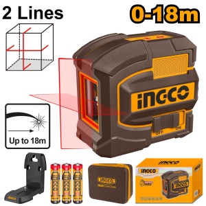 Nivela laser rosu INGCO HLL156503, autonivelare, raza 18 m, linii orizontala si verticala, precizie ±1,5 mm la 7 m, cu suport magnetic si husa textila
