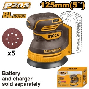 Slefuitor INGCO CROSLI2002, 20 V, talpa 125 mm, viteza variabila 8000-13000 rpm, cu 5 hartii abrazive, pentru finisare, fara acumulator si incarcator