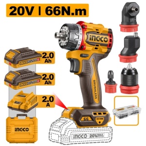 Bormașină INGCO CDLI206686E, 20 V, cu cap schimbabil și doi acumulatori de 2 Ah, pentru găurire, înșurubare și lucrări de montaj