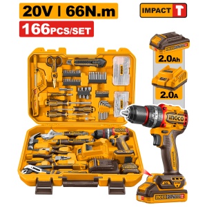 Set bormasina cu percutie INGCO HKTHP41662E, 20 V, 66 Nm, trusa 166 piese, acumulator 2 Ah, incarcator, burghie, biti, scule manuale si valiza