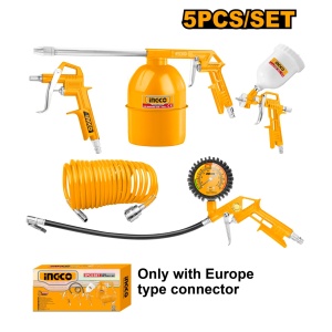 Trusa pneumatica INGCO AKT0053, 5 piese, pistol vopsit cu vas 600 ml si duza 1,5 mm, furtun 4 m, pistoale suflat, spalat si umflat, cuple europene