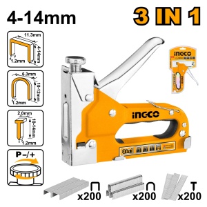 Capsator manual de tapiterie INGCO HSG1405, 3 in 1, forta reglabila, pentru capse G 4-14 mm, U 10-12 mm si cuie T 4-14 mm, consumabile incluse