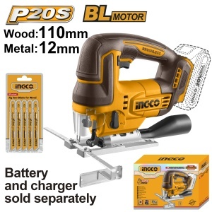Fierastrau pendular INGCO CJSLI1008, 20 V P20S, brushless, 3000 curse/min, taiere lemn 110 mm si otel 12 mm, 5 lame, fara acumulator si incarcator