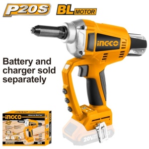 Pistol nituri INGCO CRTLI2005, 20 V, motor brushless, forta tragere 20 kN, cursa 25 mm, lumina LED, pentru nituire, fara acumulator si incarcator