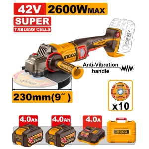 Polizor INGCO CAGLI4260182, 42 V, 230 mm, kit cu doi acumulatori de 4 Ah, pentru tăiere și polizare în combinație cu discuri compatibile