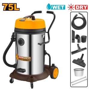 Aspirator umed uscat INGCO VC24751, 75 l, 2 x 1200 W, rezervor inox, debit 3 mc/min, vacuum 16-17 kPa, cablu 5.5 m, furtun si accesorii incluse
