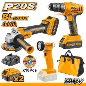 Bormasina 20V +Polizor Unghiular BL + Lanterna cu 2 Acumulatori 4Ah INGCO CKLI2048