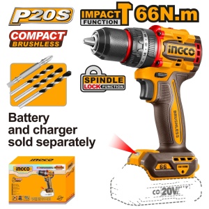 Bormasina cu percutie INGCO CIDLI206681, 20 V, brushless 66 Nm, mandrina metalica 13 mm, 2 viteze, LED si 3 burghie, fara acumulator si incarcator