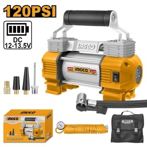 Compresor auto INGCO AAC2508, 12 V, 2 cilindri, presiune maxima 8 bar, manometru, furtun 5 m, cablu cu cleme 3 m si LED pentru umflat anvelope auto