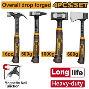 Set ciocane si secure INGCO HCH9004L, 4 piese, capete otel forjat, manere fibra de sticla, ciocane 454/500/1000 g si secure 600 g pentru gospodarie