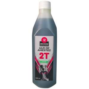 Ulei amestec Revion 2T verde D299, 500 ml, pentru motoare în doi timpi, utilizare la motocoase și motofierăstraie conform dozajului recomandat