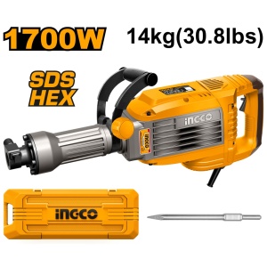 Picamer demolator INGCO PDB170068, 1700 W, 50 J, 1900 bpm, prindere HEX, lubrifiere cu ulei, cablu alimentare 4 m, 14 kg, dalta si cutie incluse