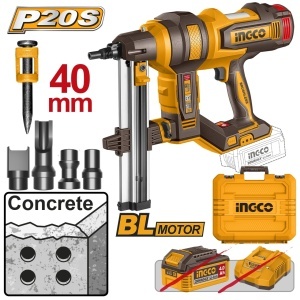 Pistol cuie beton INGCO CCNLI9005, 20 V, brushless, cuie 19-40 mm, 1000 cuie 27 mm si valiza incluse, fara acumulator si incarcator, pentru montaj
