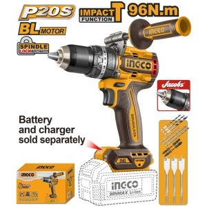 Bormasina cu percutie INGCO CIDLI209685, 20 V, brushless 96 Nm, mandrina Jacobs 13 mm, 2 viteze, cu burghie si biti, fara acumulator si incarcator