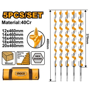 Burghie lemn INGCO DBW0501, set 5 bucăți, cu prindere hexagonală, pentru găurirea lemnului la lucrări de montaj, tâmplărie și bricolaj