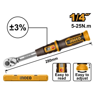 Cheie dinamometrică INGCO HPTW1425N8, 1/4, pentru strângeri controlate cu tubulare compatibile, la lucrări mecanice și operații de service
