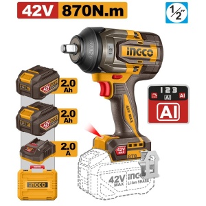 Cheie impact INGCO CIWLI42862E, 42 V, 850 Nm, cu prindere 1/2 și doi acumulatori de 2 Ah, pentru înșurubare și desfacere în lucrări de service