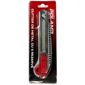 Cutter metalic POLAND P0096, 5 rezerve, cu lamă segmentată și sistem glisant, pentru carton, folie, hârtie și lucrări de ambalare sau montaj