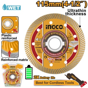 Disc diamantat INGCO DMD051151, 115 mm, cu margine continuă și corp ultrasubțire, pentru lucrări de tăiere pe materiale compatibile