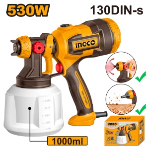 Pistol vopsit INGCO SPG4506E, 530 W, vas 1000 ml, 130 DIN-s, debit vopsea 410 ml/min, latime reglabila si functie suflare, cu accesorii de curatare