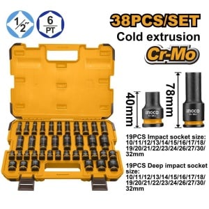 Trusă tubulare INGCO HKISSD12388L, 38 piese, set de impact cu prindere 1/2, pentru lucrări de montaj, întreținere și service cu unelte compatibile
