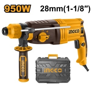 Ciocan rotopercutor INGCO RGH9528, SDS Plus, 950 W, 2,5 J, gaurire beton 28 mm, 3 functii, cu 3 burghie, 2 dalti si valiza pentru gaurire si daltuire