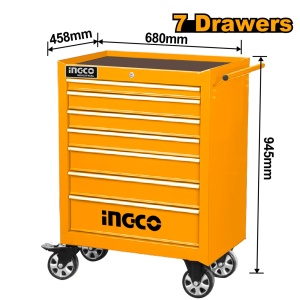 Dulap metalic scule INGCO HDTC02071P, 7 sertare pe rulmenti, 4 roti 5x2 inch, dimensiuni 680x458x945 mm cu roti, pentru organizare atelier si garaj