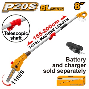 Fierastrau pomi INGCO PSLI2028, 20 V, brushless, sina 8 inch, lungime 2 m, lant 11 m/s, curea de umar inclusa, fara acumulator si incarcator