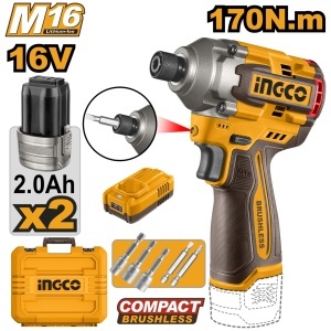 Masina insurubat impact INGCO CIRLI16178, 16 V M16, 170 Nm, brushless, hexagon 6,35 mm, 2 acumulatori 2 Ah, incarcator M16, biti si adaptoare