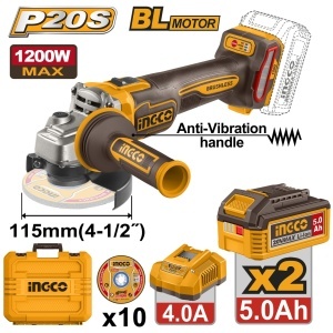 Polizor unghiular INGCO CAGLI2120252E, 20 V, brushless, disc 115 mm, 3 turatii, 2 acumulatori 5 Ah, incarcator, 10 discuri metal si cutie transport