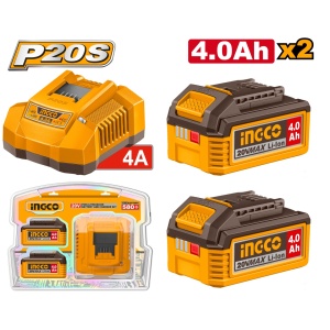 Baterie Acumulator 20V 4Ah Set 2 buc cu Incarcator INGCO FBCPK2013E Li-Ion P20S, Autonomie Mare si Incarcare Rapida pentru Scule Profesionale