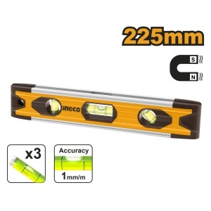 Boloboc magnetic INGCO HMSL01030, lungime 225 mm, 3 fiole, aluminiu si plastic ABS, format compact pentru verificare orizontala verticala si 45 grade
