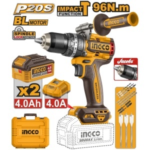 Bormasina cu Impact INGCO CIDLI209686E 20V Brushless, Cuplu 96Nm, 2 Acumulatori 4Ah, Mandrina Metalica 13mm si Accesorii Incluse