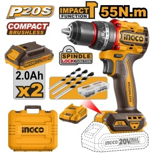 Bormasina cu percutie INGCO CIDLI20558E, 20 V, brushless 55 Nm, mandrina metalica 13 mm, cu 2 acumulatori 2 Ah, incarcator si 47 accesorii de montaj
