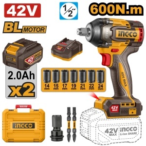 Cheie impact INGCO CIWLI42602E, 42 V, brushless, 600 Nm strangere 750 Nm desfacere, 1/2 inch, 2 baterii 2 Ah, incarcator, 7 tubulare si valiza