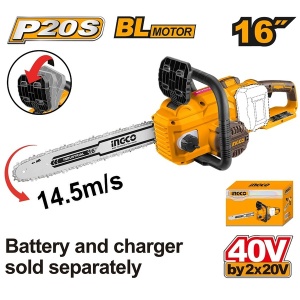 Fierastrau cu lant INGCO CGSLI40168, 40 V (2 x 20 V), brushless, lama 40 cm, viteza lant 14,5 m/s, ungere automata, fara acumulatori si incarcator